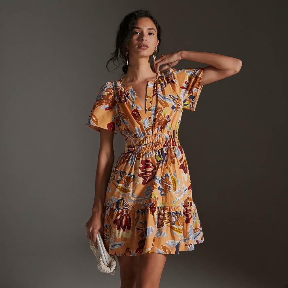 Anthropologie Somerset Mini Dress Orange Floral Cotton Smocked Waist Small